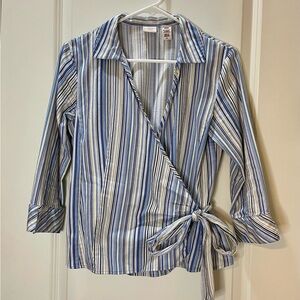 Covington Blue and Yellow Striped Wrap Top Cotton Stretch Size S